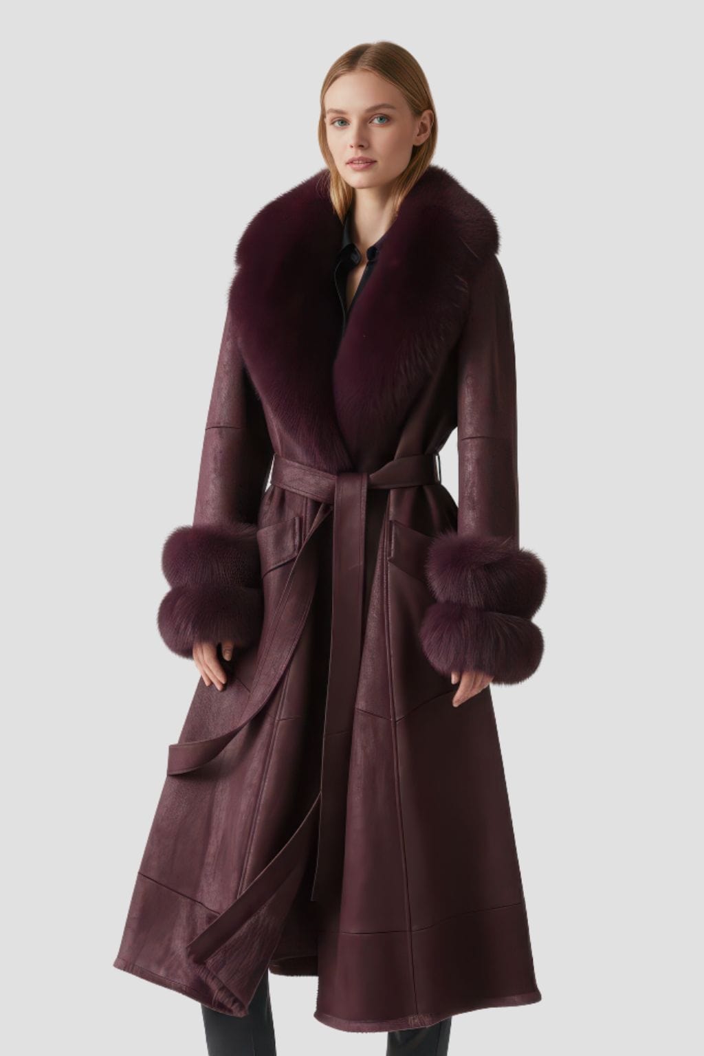 Manteau fourrure femme cuir bordeaux Héritage fourrure