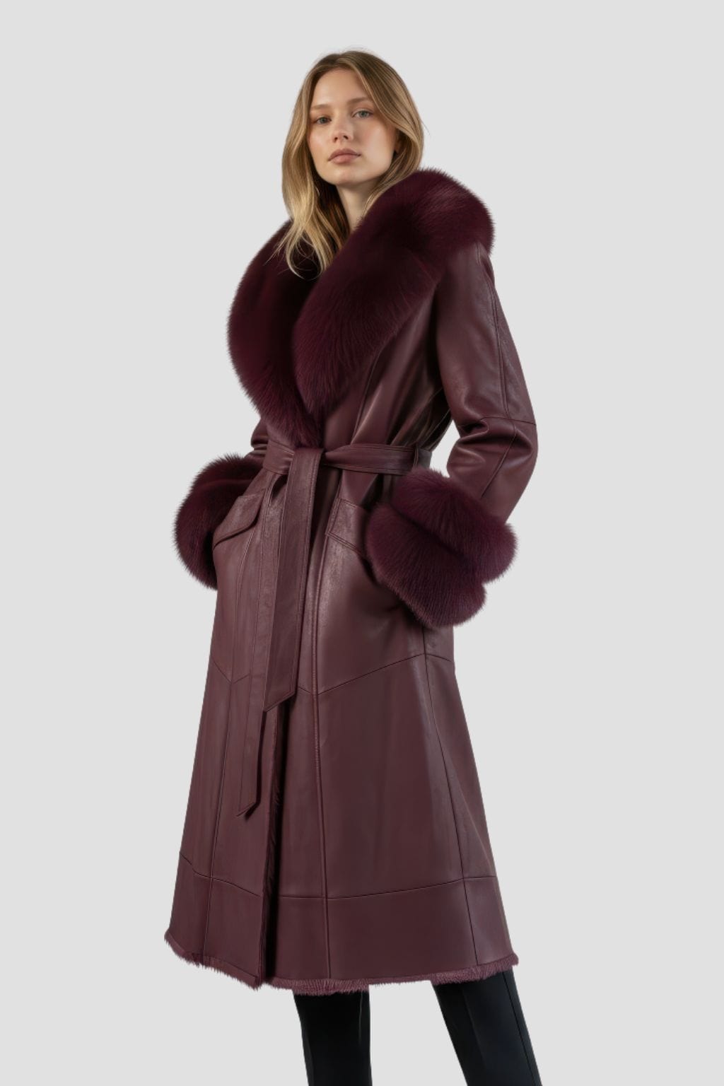 Manteau fourrure femme cuir bordeaux Héritage fourrure