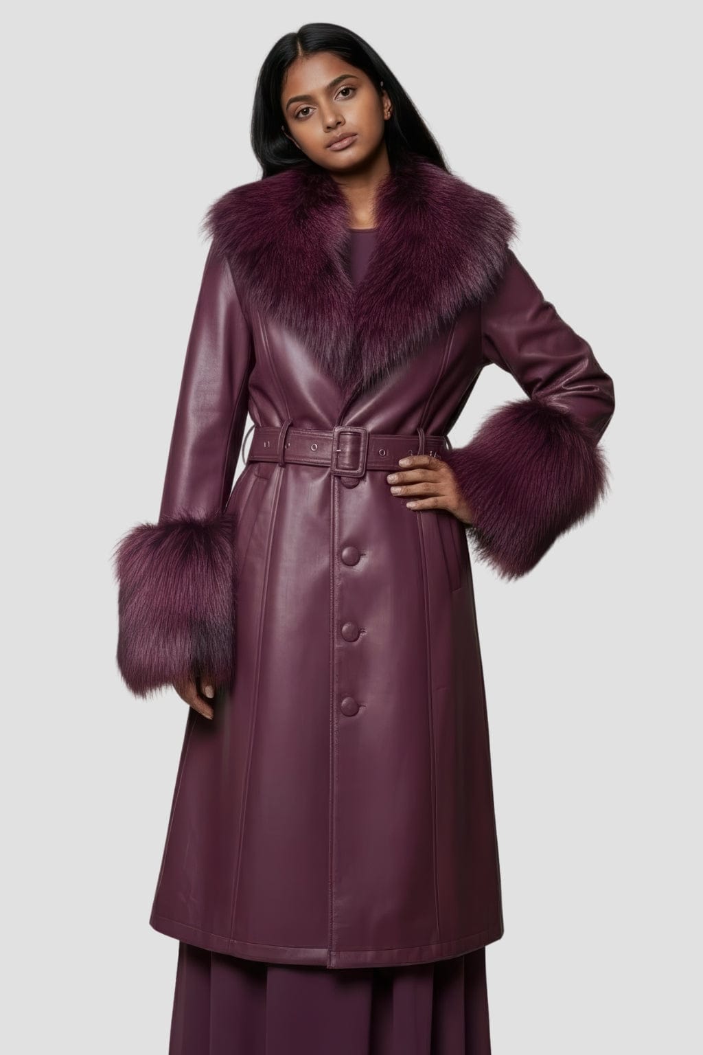 Manteau fourrure femme cuir bordeaux Héritage fourrure