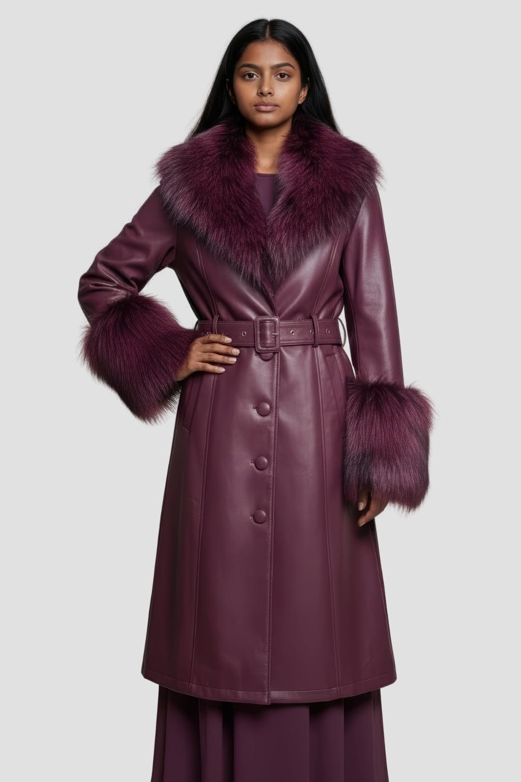 Manteau fourrure femme cuir bordeaux Héritage fourrure