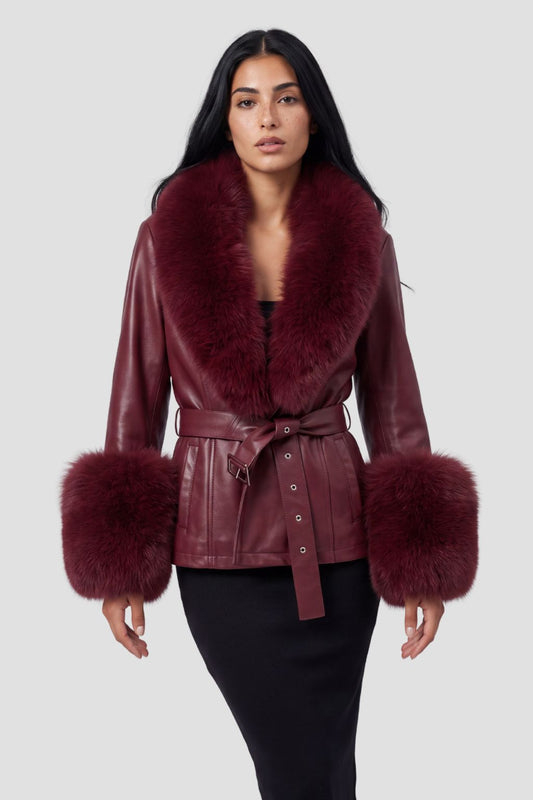 Manteau fourrure femme cuir bordeaux Héritage fourrure