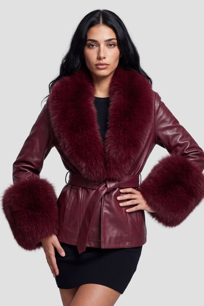 Manteau fourrure femme cuir bordeaux Héritage fourrure