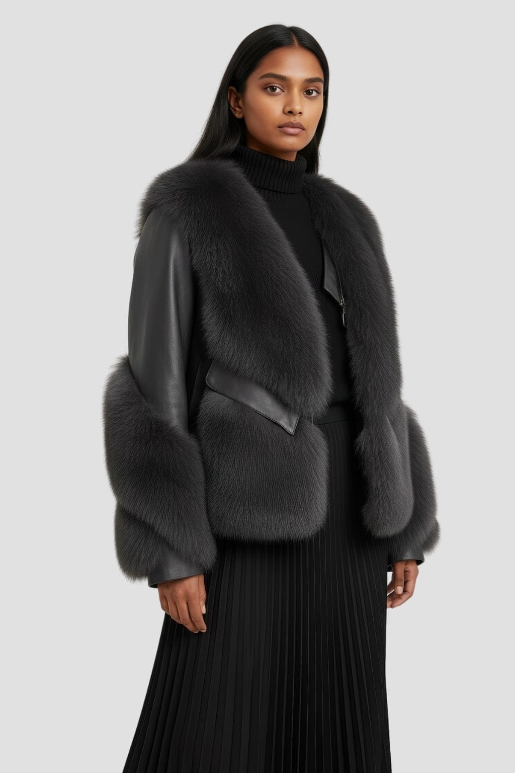 Manteau fourrure femme cuir gris Héritage fourrure