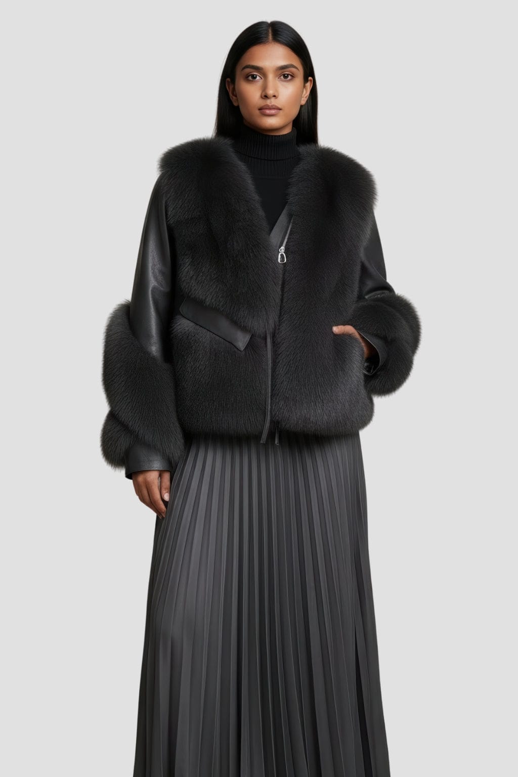 Manteau fourrure femme cuir gris Héritage fourrure