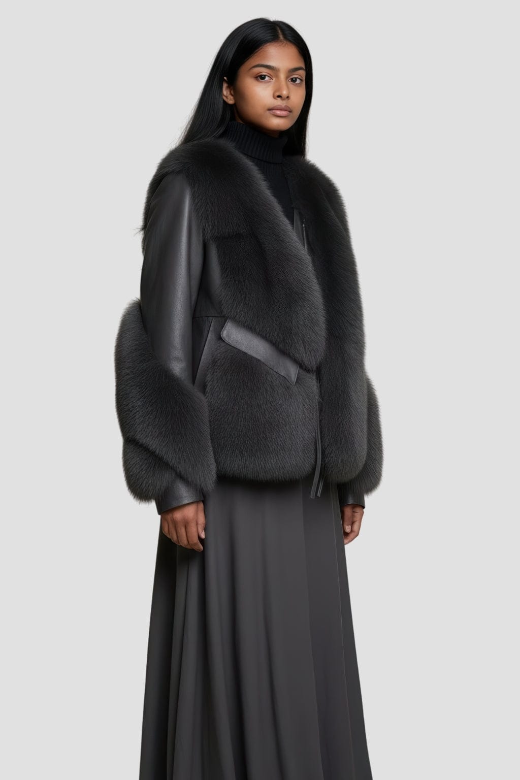 Manteau fourrure femme cuir gris Héritage fourrure