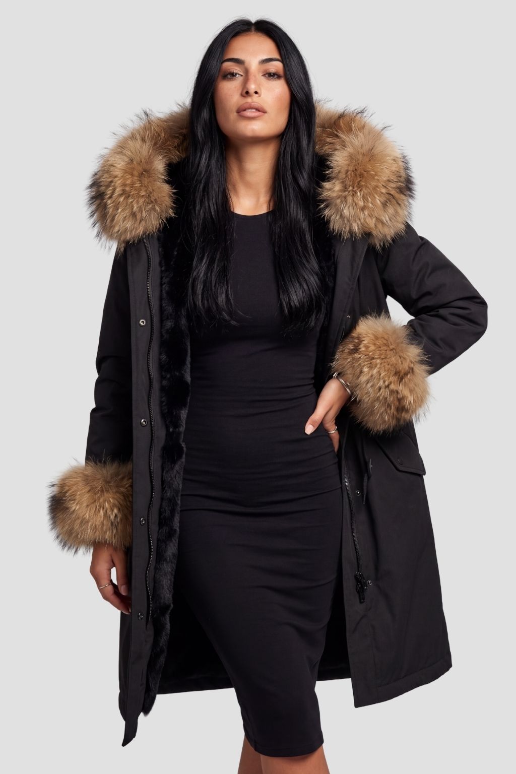 Parka à capuche en fourrure femme noire Héritage fourrure