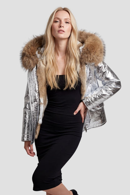 Parka courte en fourrure argenté Héritage fourrure