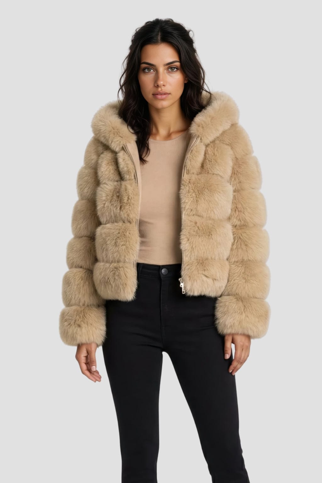 Veste à fourrure avec capuche beige Héritage fourrure