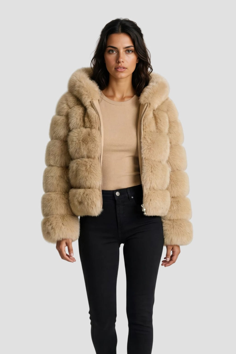 Veste à fourrure avec capuche beige Héritage fourrure