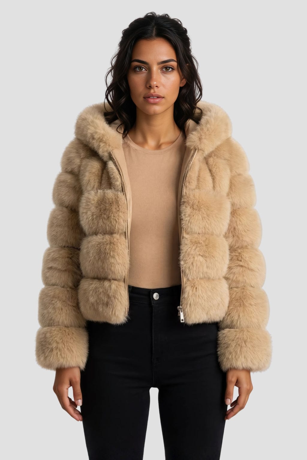 Veste à fourrure avec capuche beige Héritage fourrure