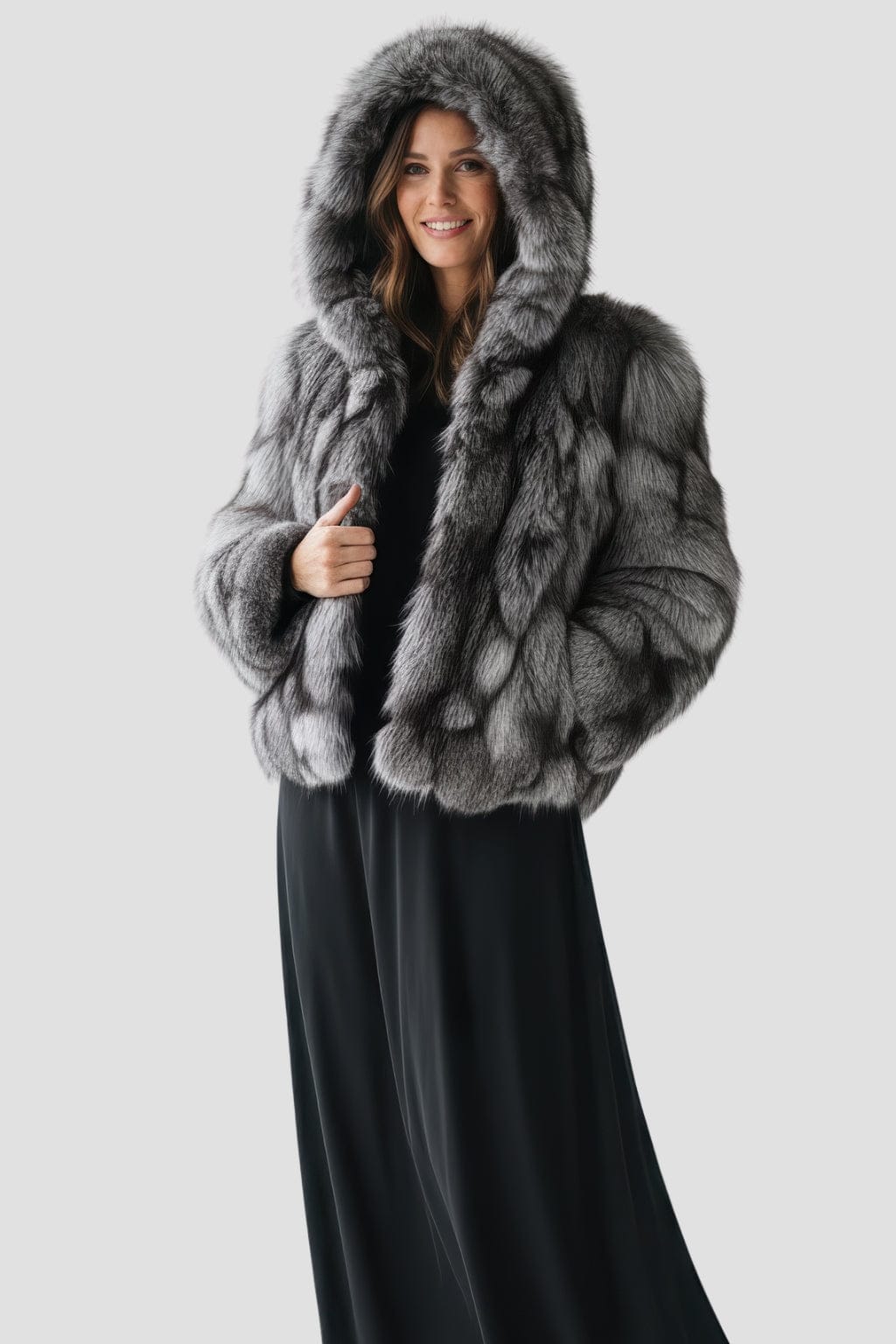 Veste à fourrure avec capuche grise Héritage fourrure