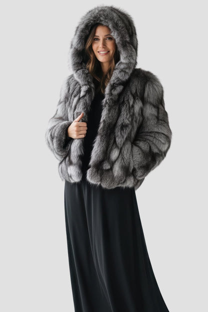 Veste à fourrure avec capuche grise Héritage fourrure