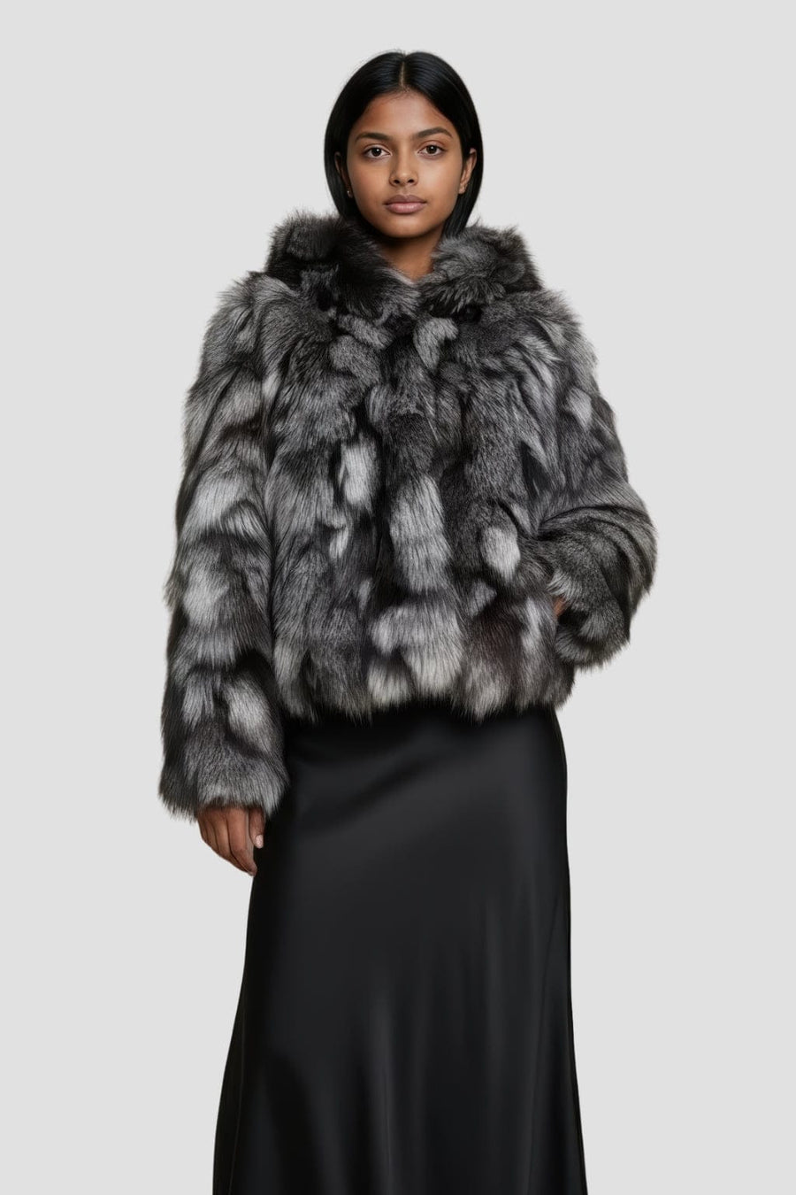 Veste à fourrure avec capuche grise Héritage fourrure
