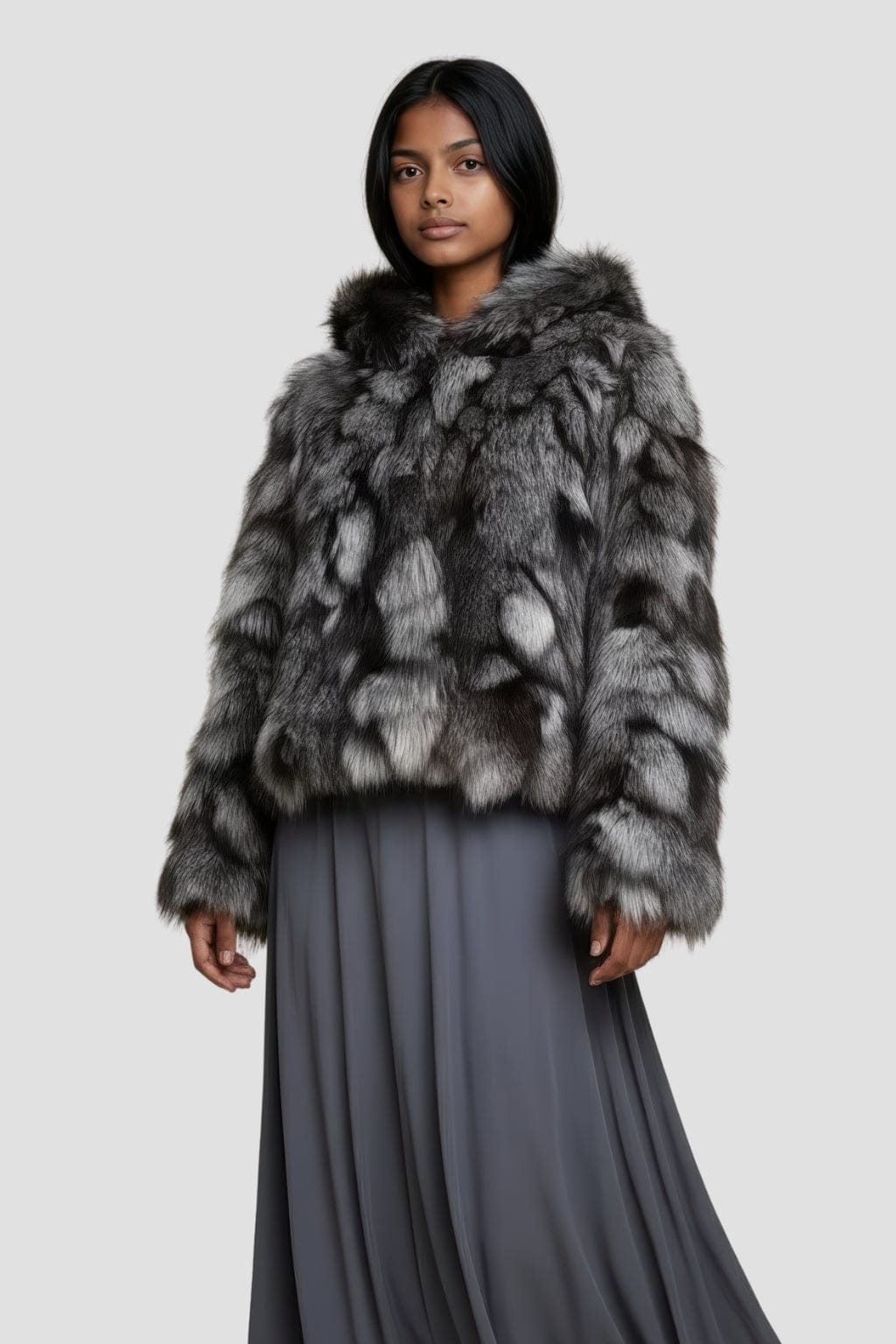 Veste à fourrure avec capuche grise Héritage fourrure