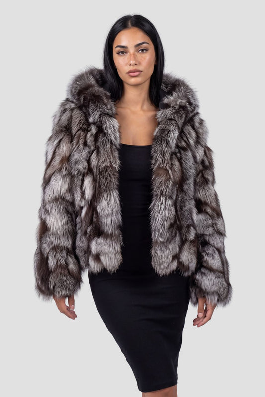 Veste à fourrure avec capuche grise Héritage fourrure