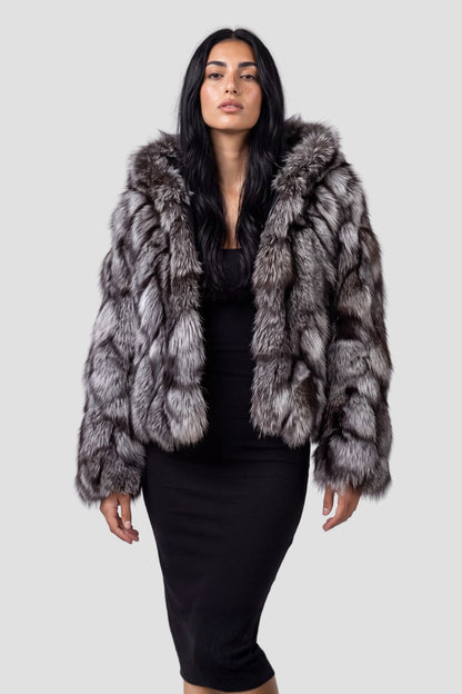 Veste à fourrure avec capuche grise Héritage fourrure