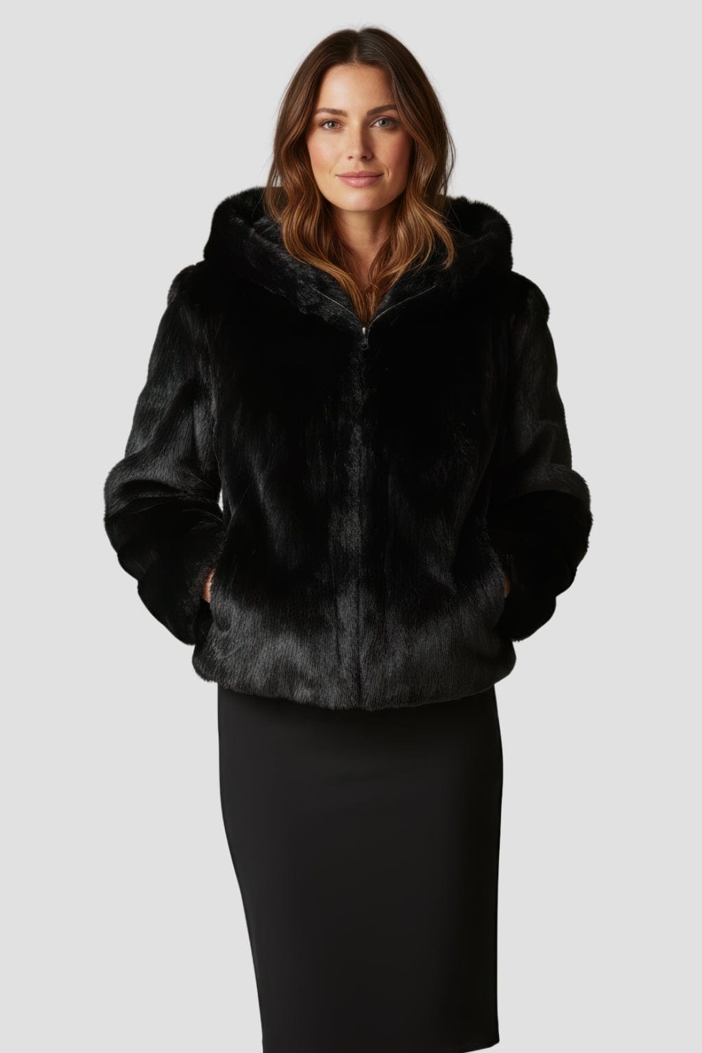 Veste à fourrure avec capuche noire Héritage fourrure