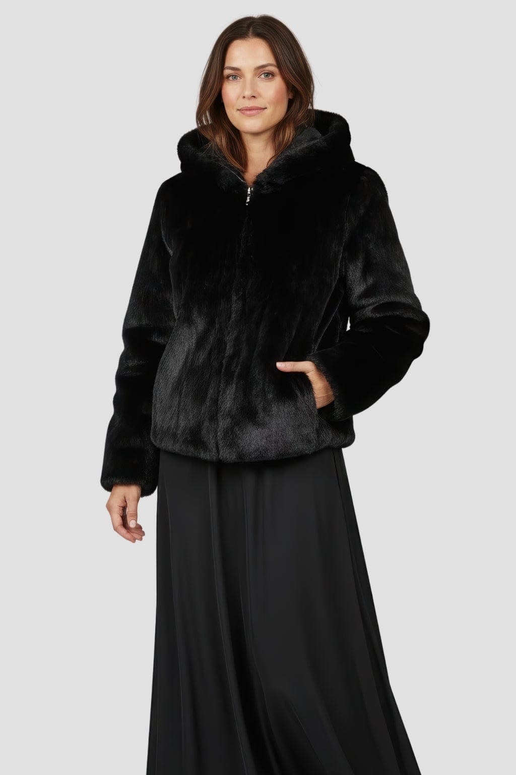 Veste à fourrure avec capuche noire Héritage fourrure