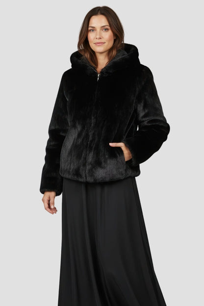 Veste à fourrure avec capuche noire Héritage fourrure