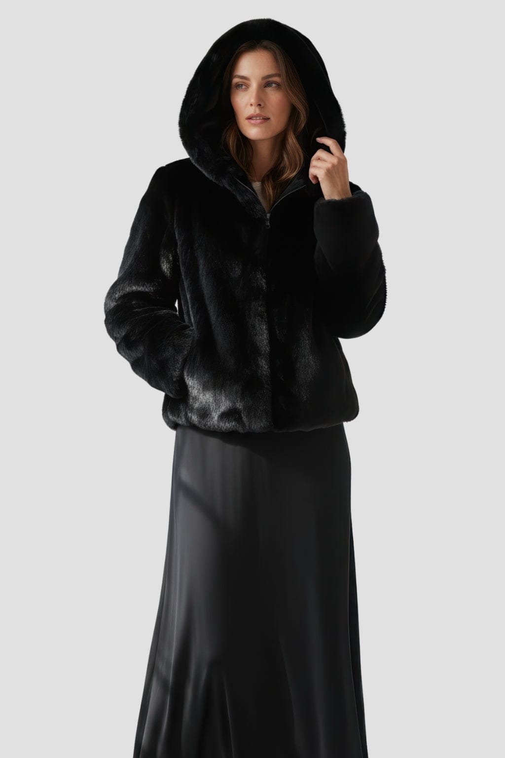 Veste à fourrure avec capuche noire Héritage fourrure