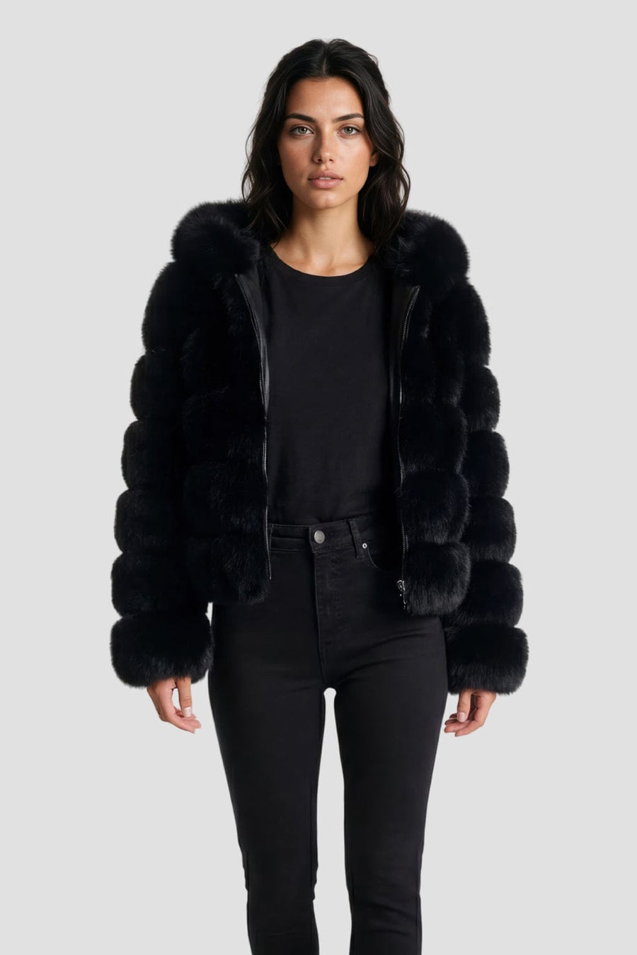 Veste à fourrure avec capuche noire Héritage fourrure
