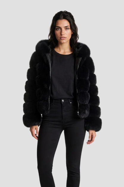 Veste à fourrure avec capuche noire Héritage fourrure