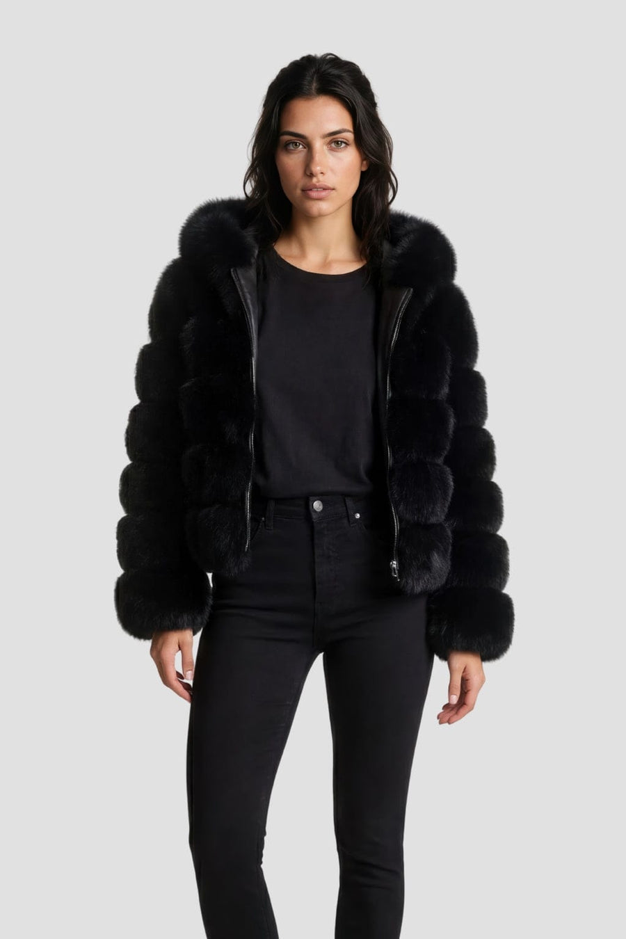 Veste à fourrure avec capuche noire Héritage fourrure