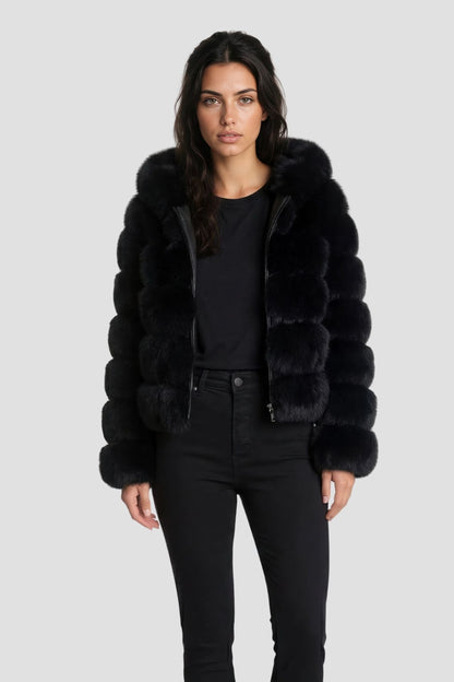 Veste à fourrure avec capuche noire Héritage fourrure