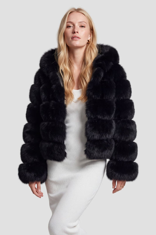Veste à fourrure avec capuche noire Héritage fourrure