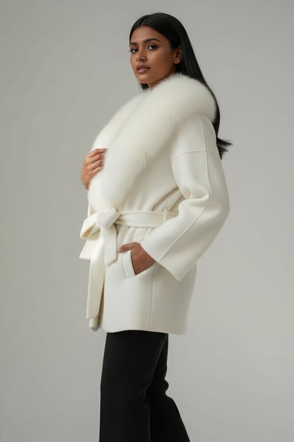 Veste cachemire fourrure femme blanc Héritage fourrure