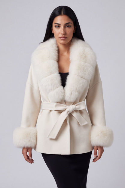 Veste cachemire fourrure femme blanc Héritage fourrure