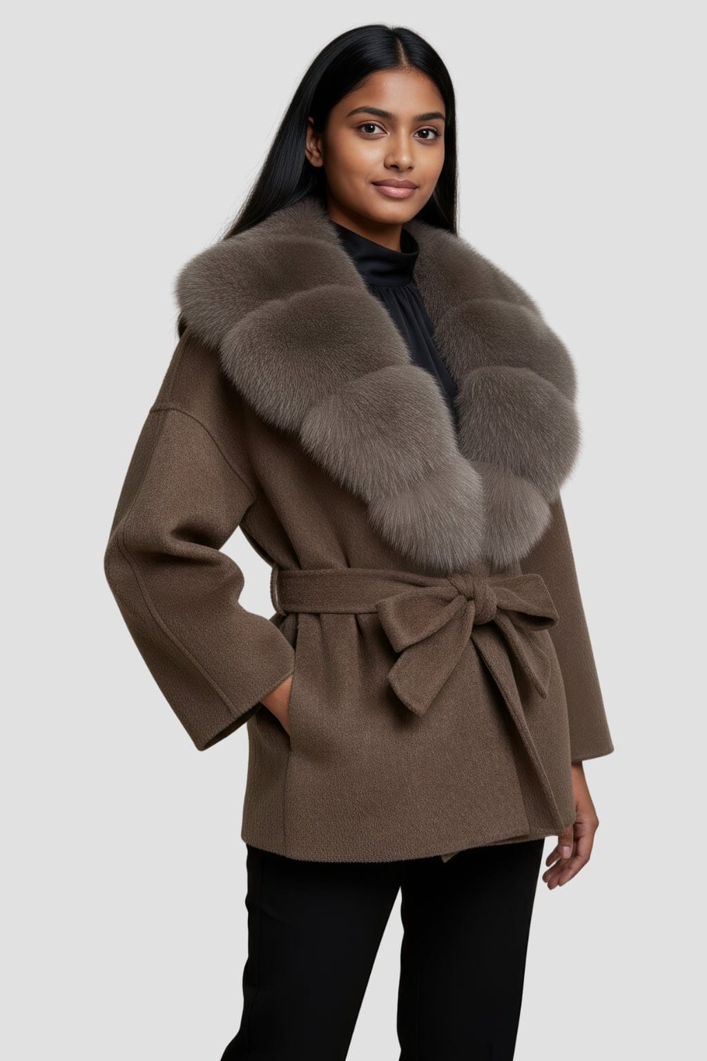 Veste cachemire fourrure femme brun Héritage fourrure