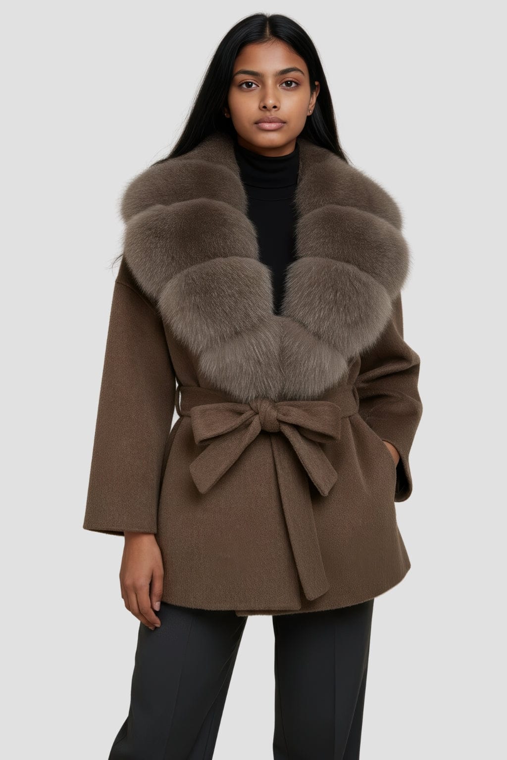 Veste cachemire fourrure femme brun Héritage fourrure