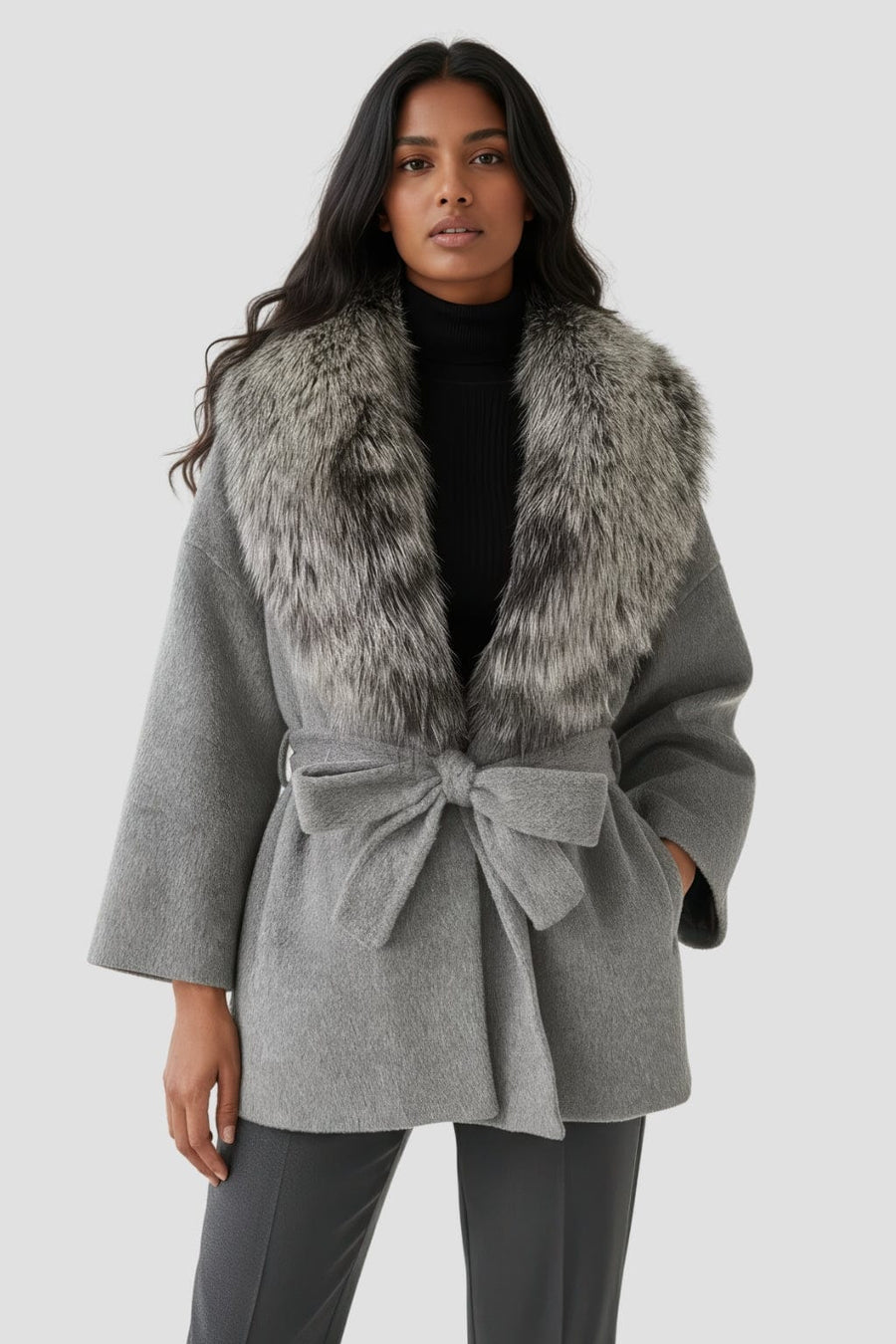 Veste cachemire fourrure femme grise Héritage fourrure