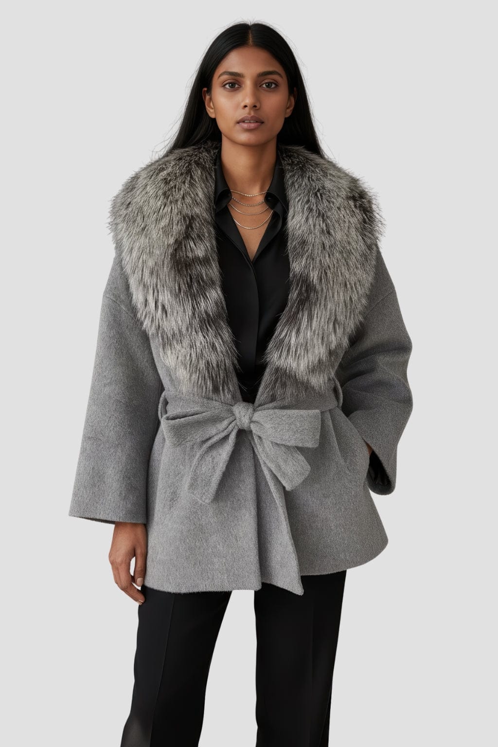 Veste cachemire fourrure femme grise Héritage fourrure