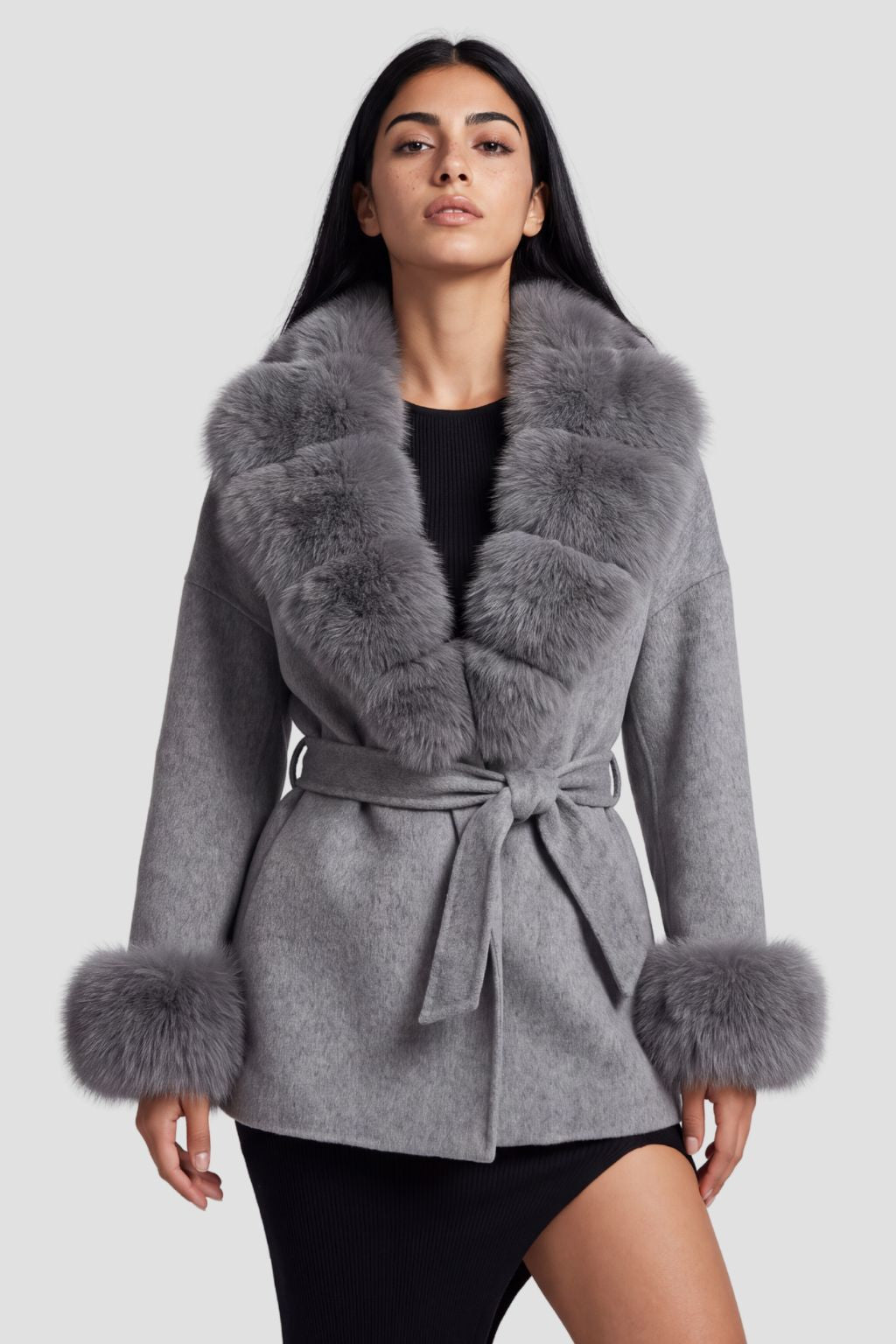 Veste cachemire fourrure femme grise Héritage fourrure