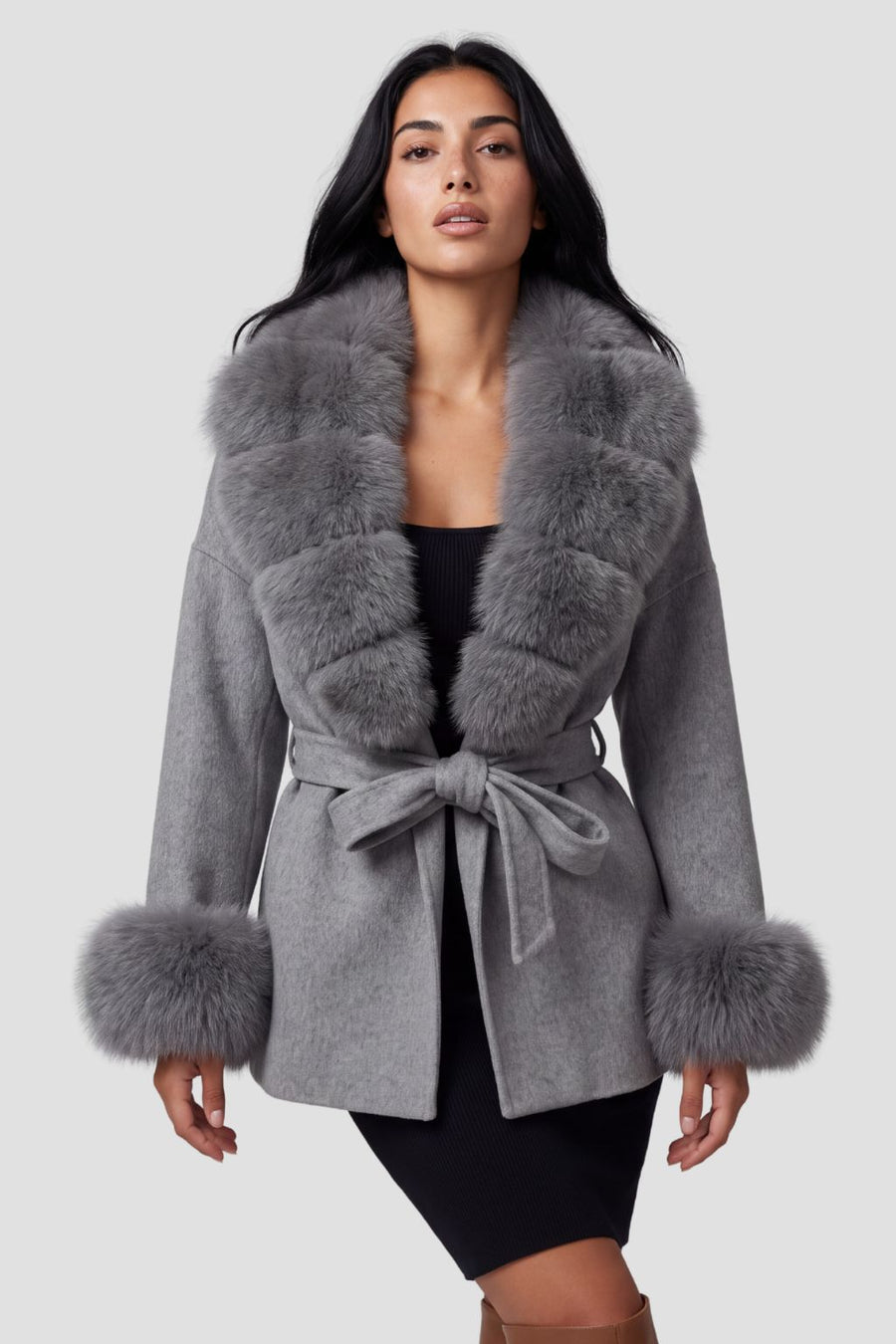 Veste cachemire fourrure femme grise Héritage fourrure