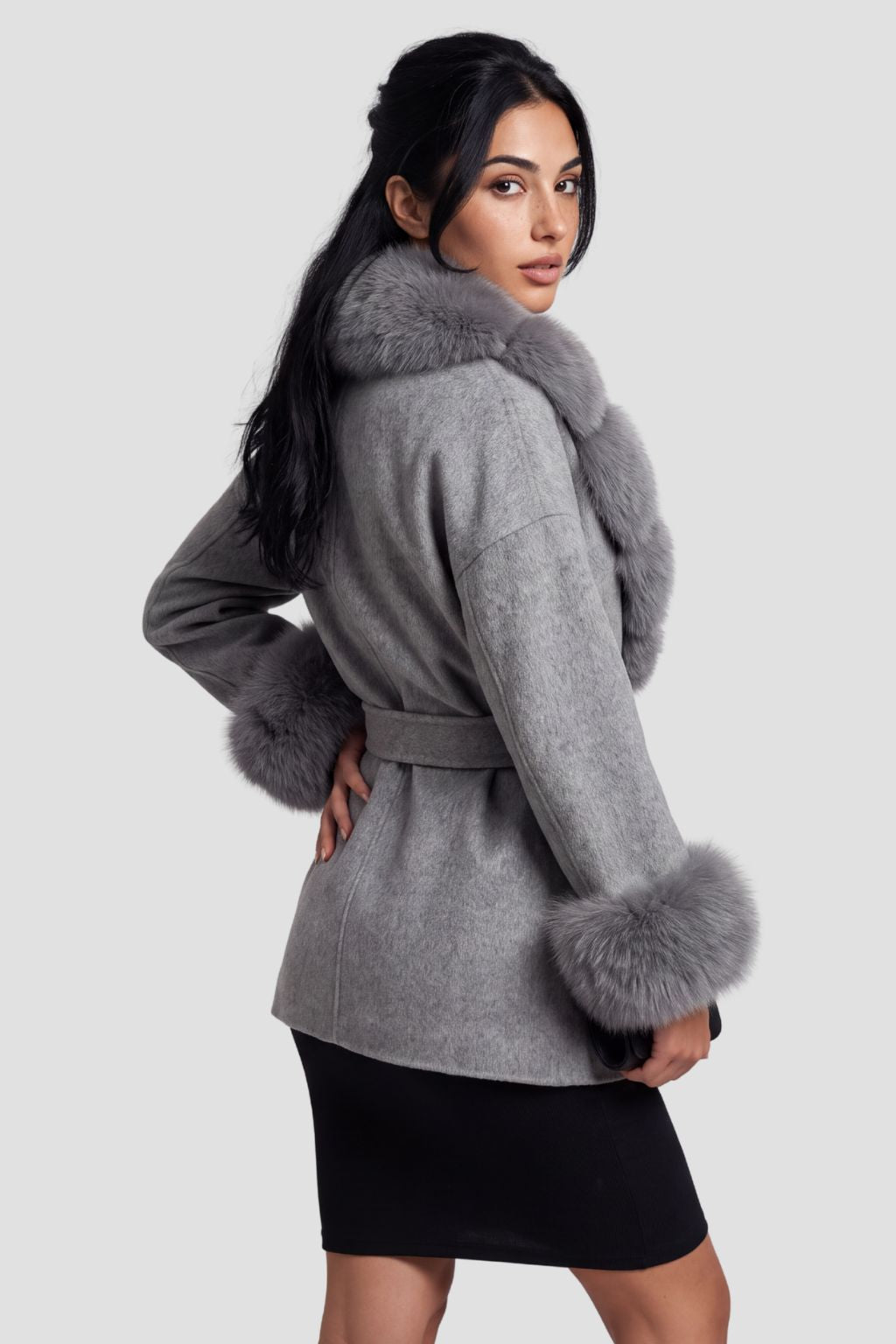 Veste cachemire fourrure femme grise Héritage fourrure