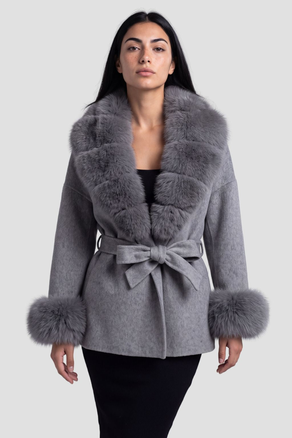 Veste cachemire fourrure femme grise Héritage fourrure