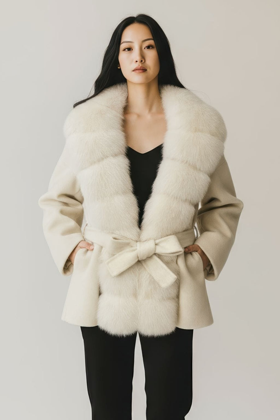 Veste col en fourrure beige Héritage fourrure