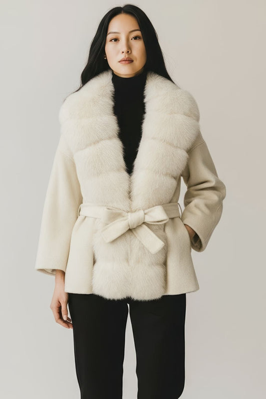 Veste col en fourrure beige Héritage fourrure