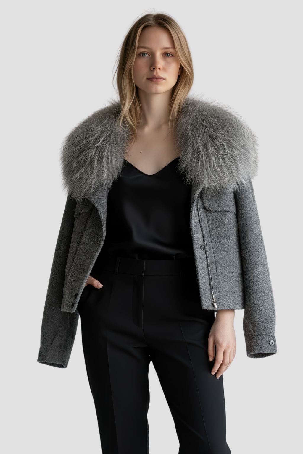 Veste courte en fourrure grise Héritage fourrure