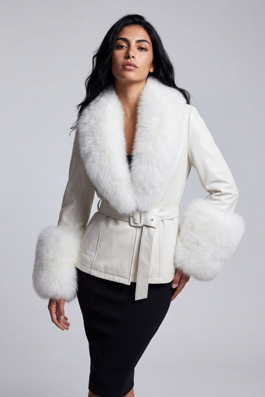 Veste en cuir à fourrure blanche Héritage fourrure