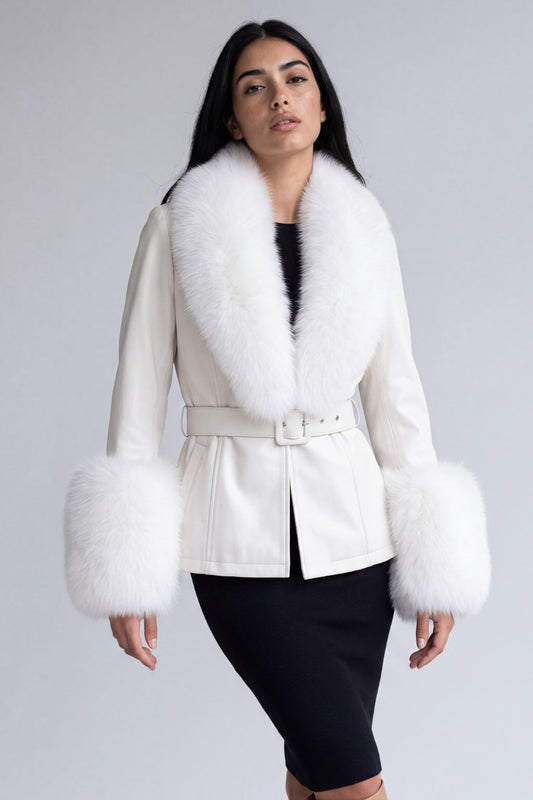 Veste en cuir à fourrure blanche Héritage fourrure