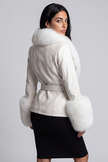 Veste en cuir à fourrure blanche Héritage fourrure