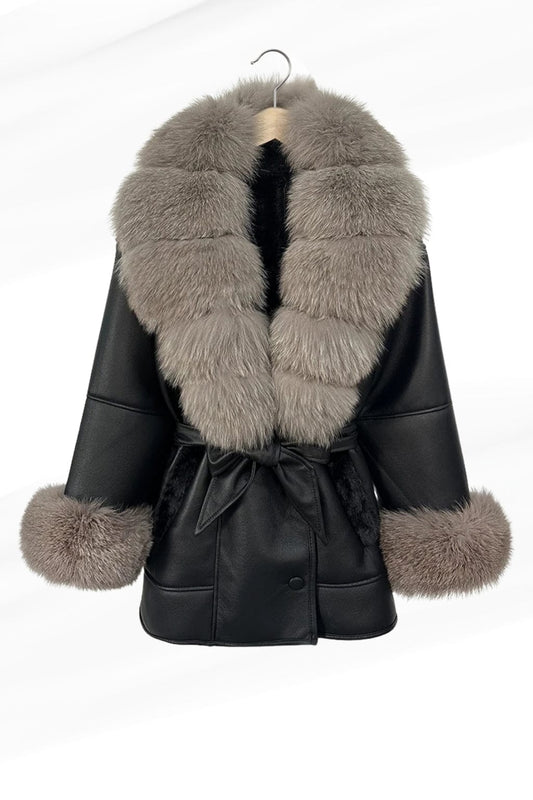 Veste en cuir à fourrure grise Héritage fourrure