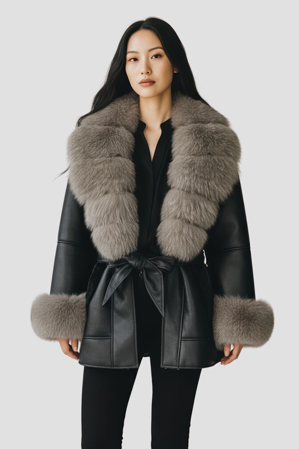 Veste en cuir à fourrure grise Héritage fourrure