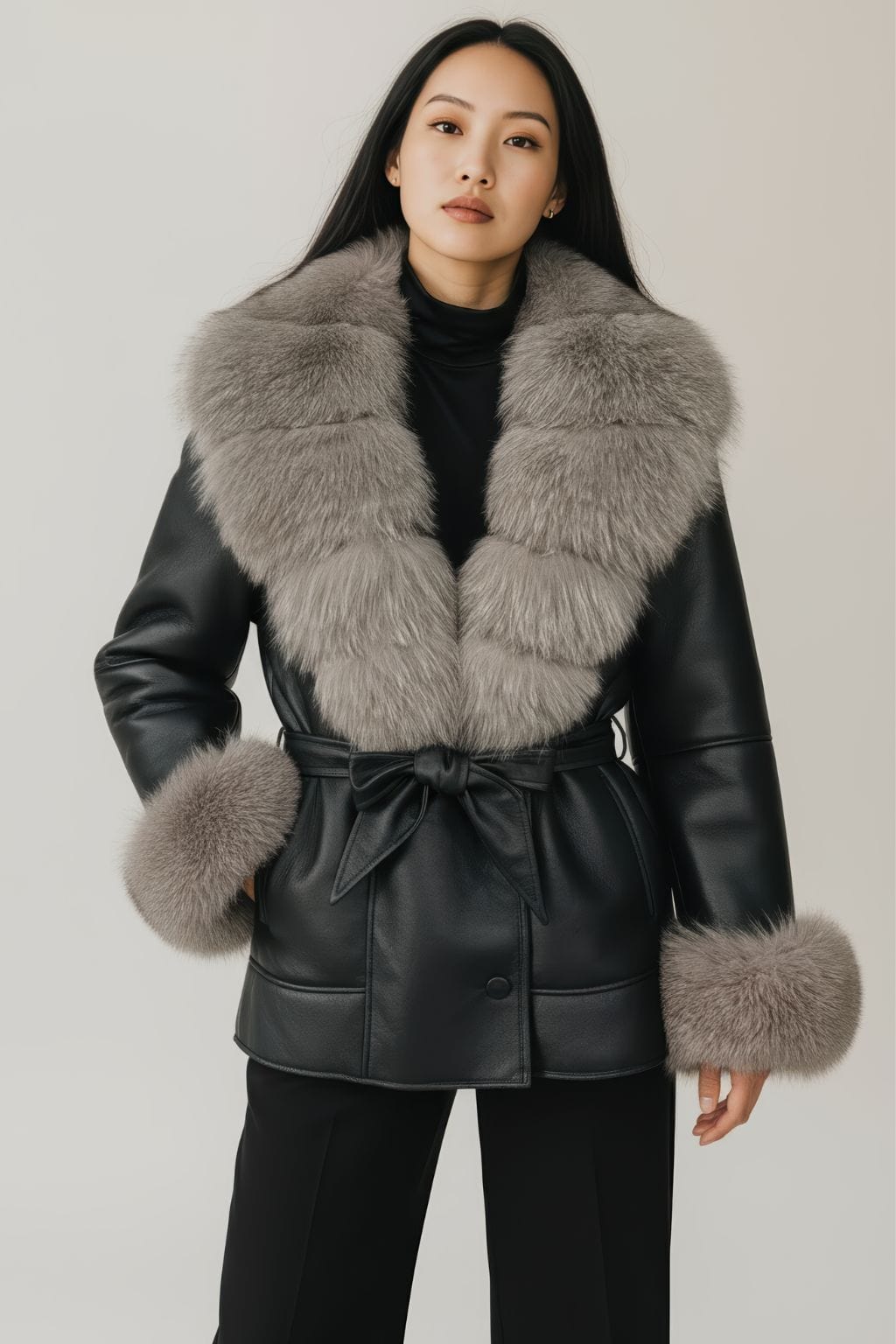 Veste en cuir à fourrure grise Héritage fourrure