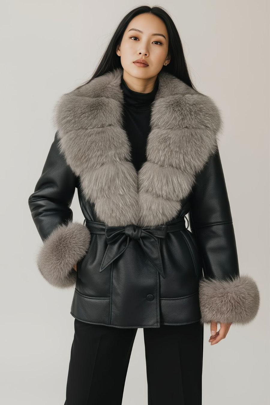 Veste en cuir à fourrure grise Héritage fourrure