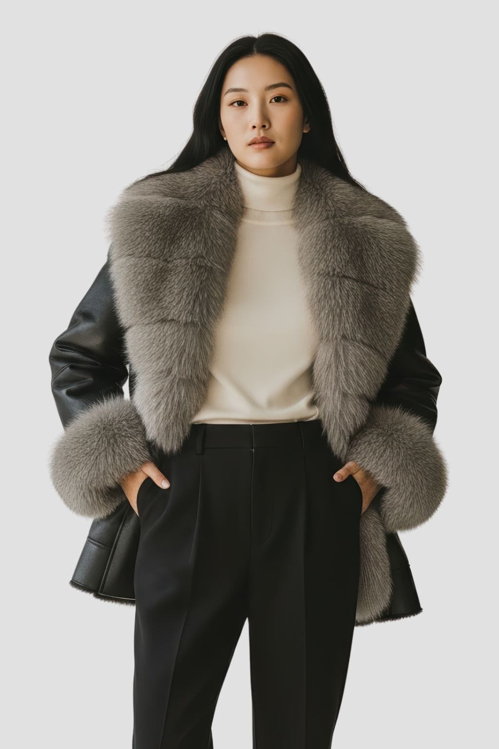 Veste en cuir à fourrure grise Héritage fourrure